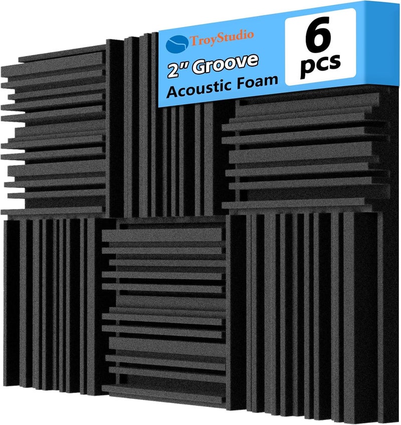 TroyStudio Thick Acoustic Foam Panels, 12 X 12 X 2 Inches 6 Pcs Broadband Sound Absorbing Foam, Dense Soundproof Padding Tile, Recording Studio Foam Absorber, Groove Decorative 3D Wall Ceiling Panel - Image 1